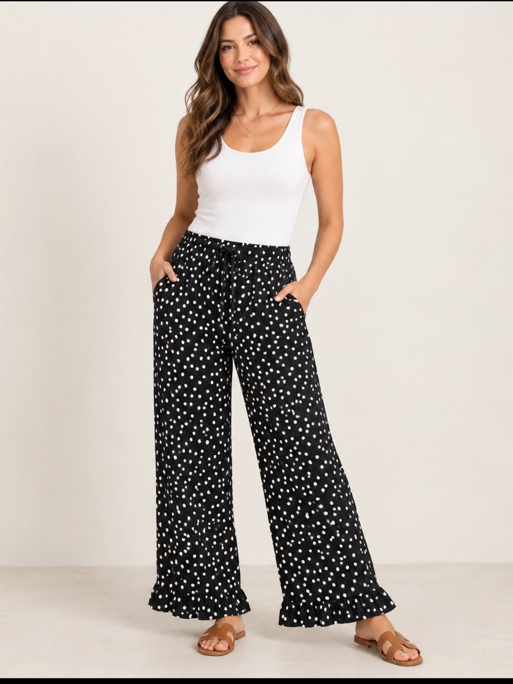 Grayson Threads Black White Polka Dot Wide Leg Ruffle Hem Pants Size S